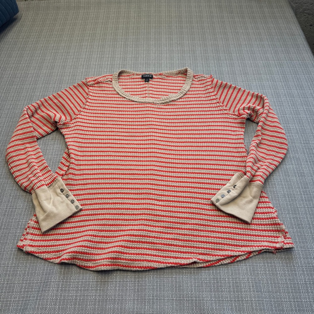 Torrid Striped‎ Waffle Knit Crewneck Top size 1 / 1x Red Beige Pullover Boho